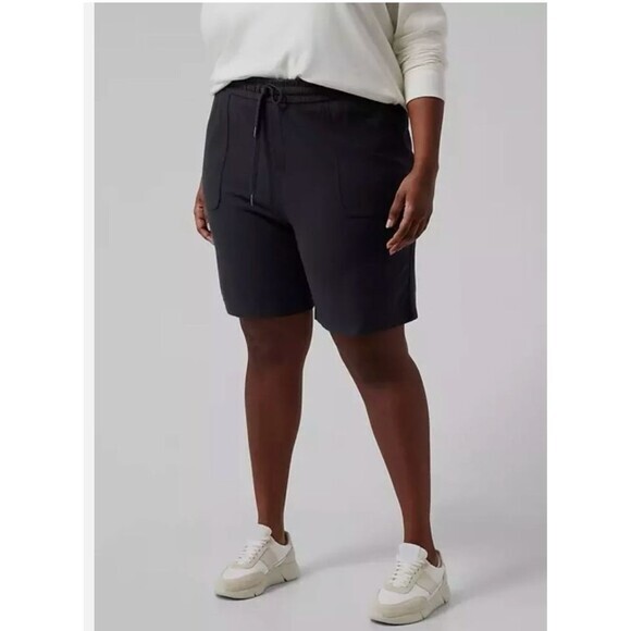Athleta Farallon Bermuda Shorts Women Sz 16‎ Tall Black  Cotton Knit Drawstring - Picture 1 of 11